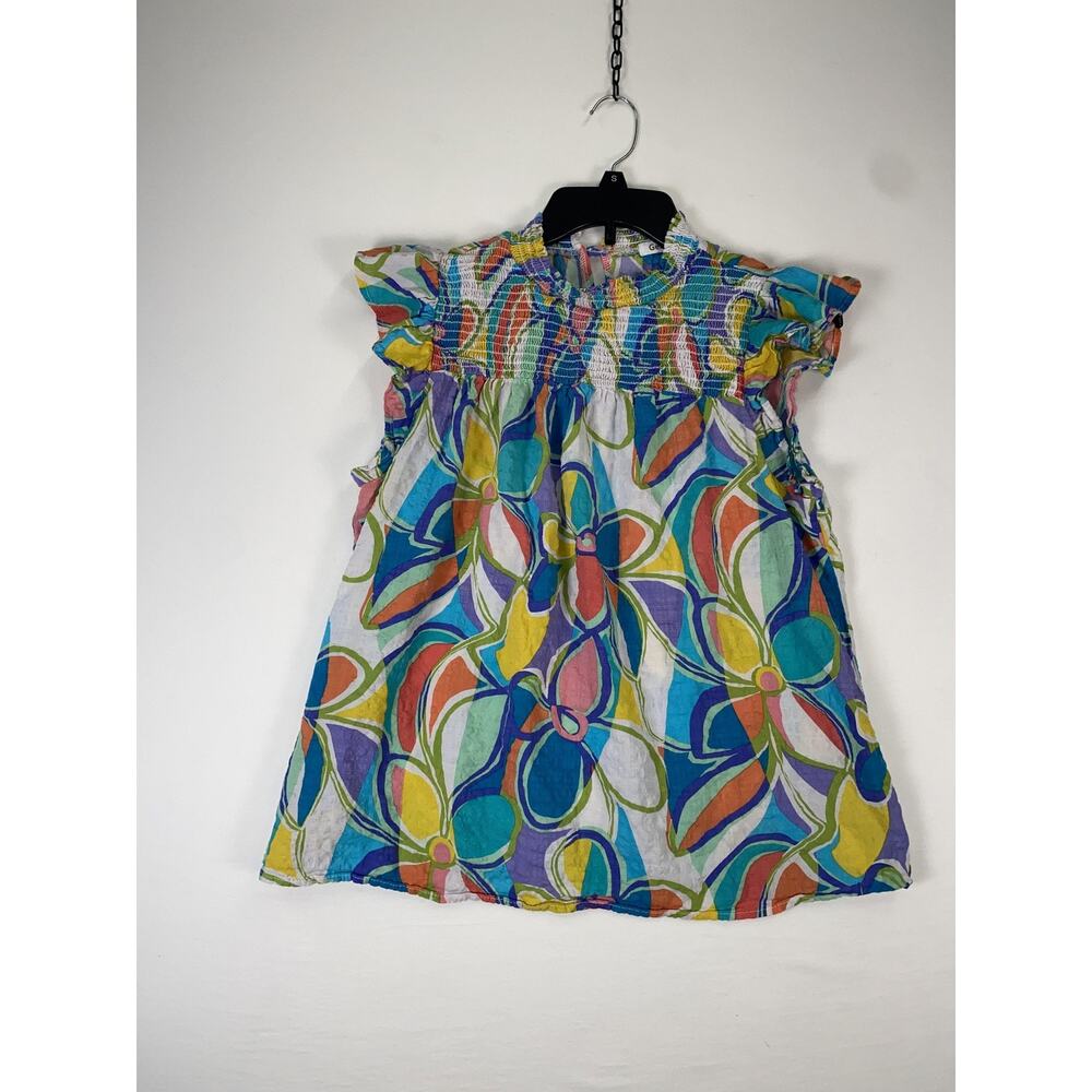 GeeGee Blouse Womens Large Multicolor Floral High Neck Flutter Sleeve Tunic Top